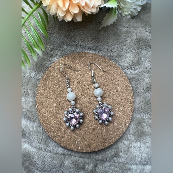 Pink Heart Beaded Pearl Earrings - Picture 1 of 3